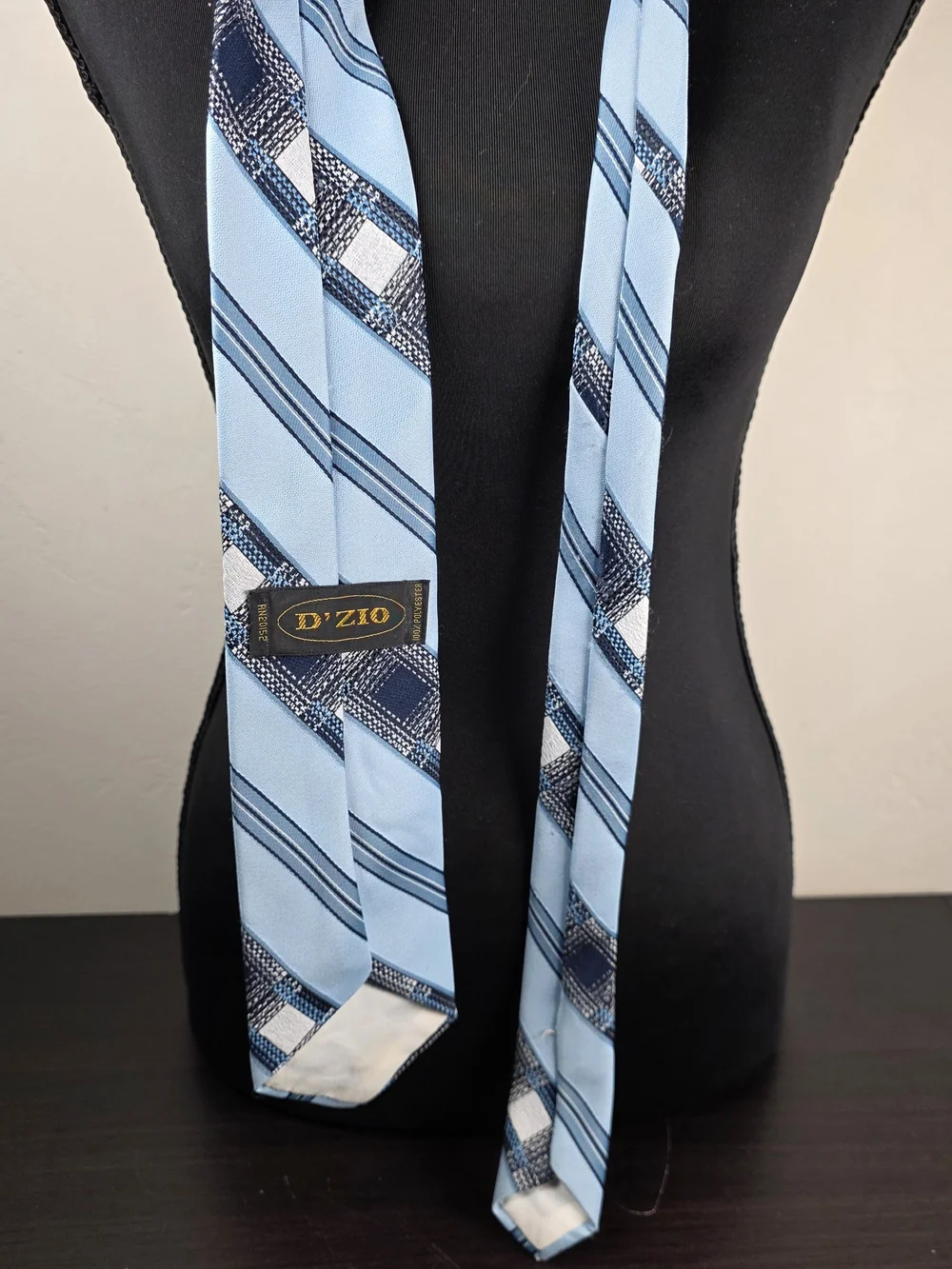 Vintage D’ZIO 70s 80s Blue Geometric Plaid Stripe Tie 3”